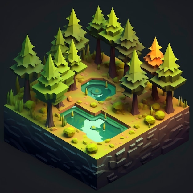 Free Photo 3d isometric landscape with forest and water