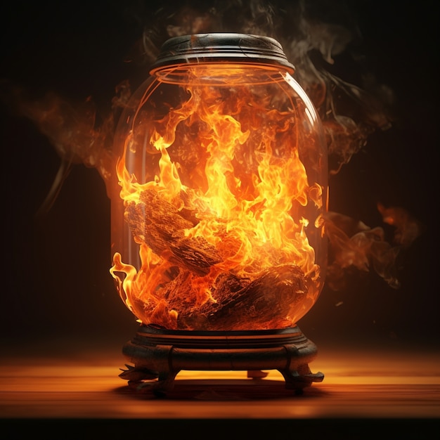 Free Photo 3d jar on fire with flames