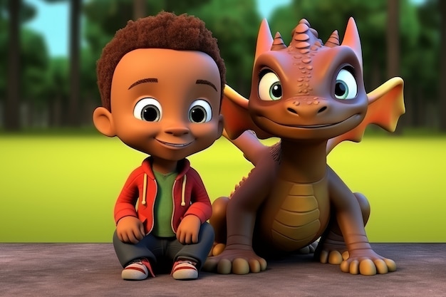 3d kid and dragon hanging out