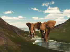 Free photo 3d landscape with elephants walking