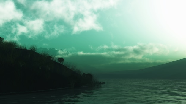 3D landscape with hills and mountains with lake