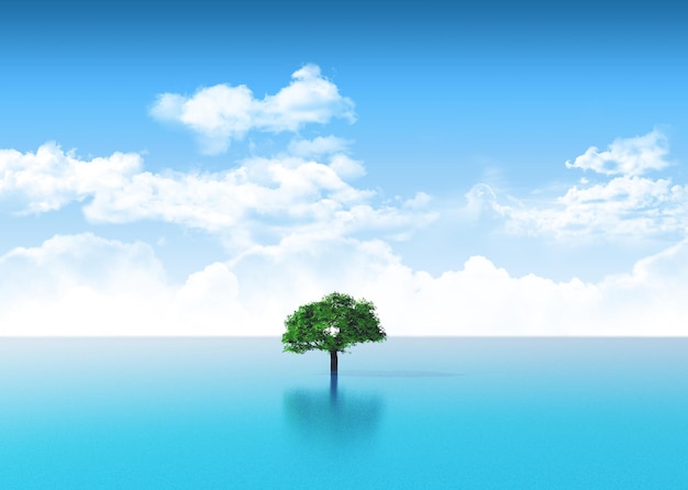 Free photo 3d landscape with a tree in the sea