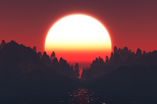 3D landscape with trees silhouetted against a sunset sky