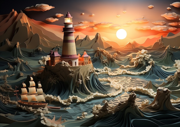 3d lighthouse with sea landscape