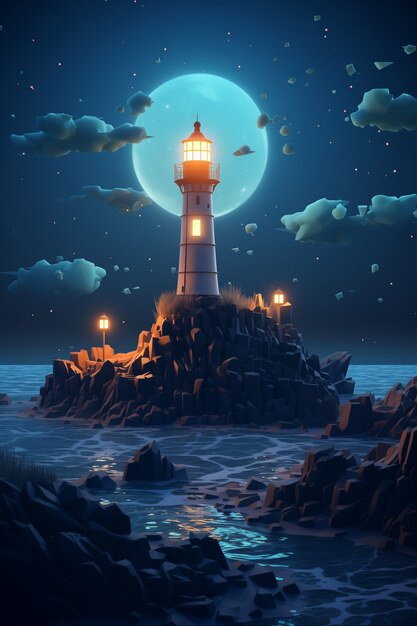 3d lighthouse with sea landscape