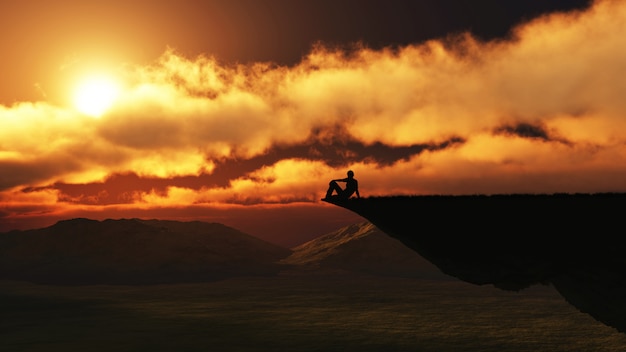 3D male figure sitting on the edge of a cliff face