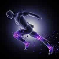 Free photo 3d male figure in sprinting pose with leg joints highlighted and shattering