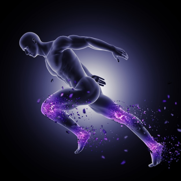 3D male figure in sprinting pose with leg joints highlighted and shattering