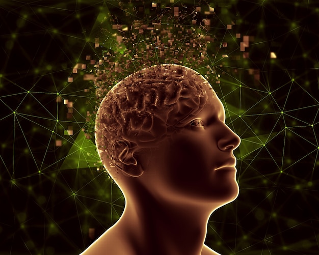 Free photo 3d male figure with pixelated brain depicting mental health problems