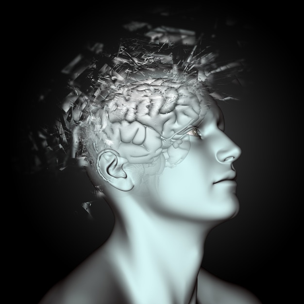 Free Photo 3d male figure with shatter effect on head and brain depicting mental health issues