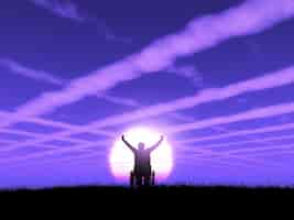 Free photo 3d male in wheelchair with arms raised against a purple sunset landscape