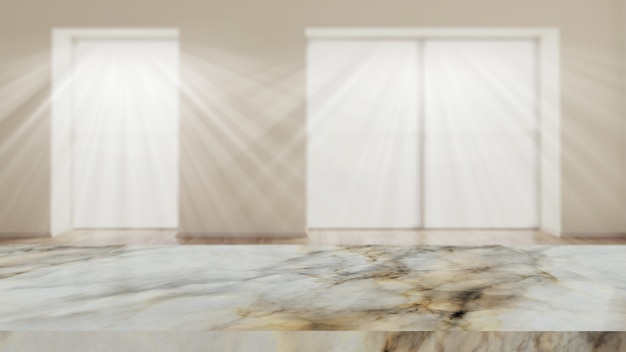 Free photo 3d marble table against a defocussed room interior