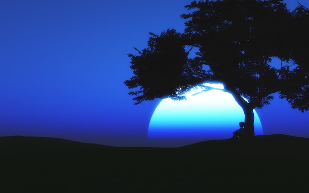 Free photo 3d moonlit landscape with child sitting under a tree