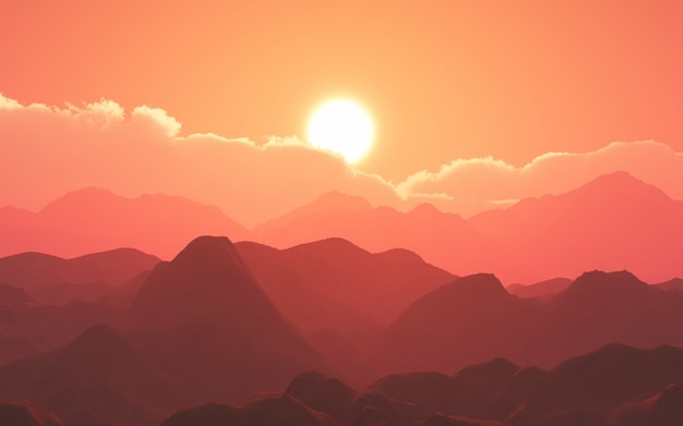 Free photo 3d mountain landscape against sunset sky