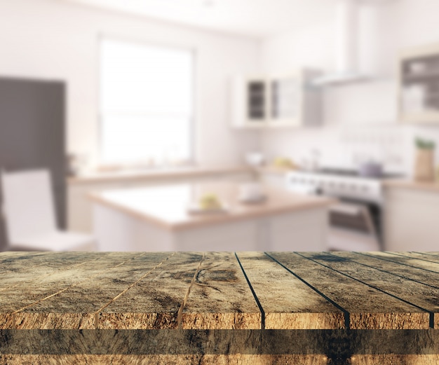 3D old wooden table looking out to a defocussed kitchen interior