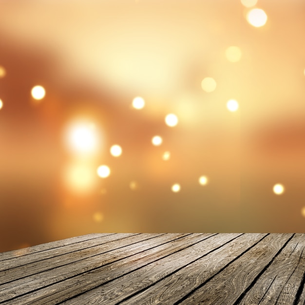 Free Photo 3d old wooden table looking out to golden bokeh lights 