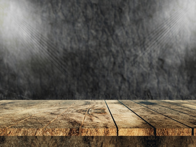 3D old wooden table looking out to a stone wall