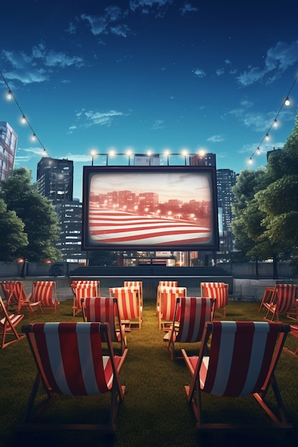 3d outdoors cinema with chairs and projector