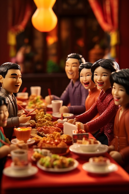 3d of people enjoying reunion dinner during chinese new year celebration