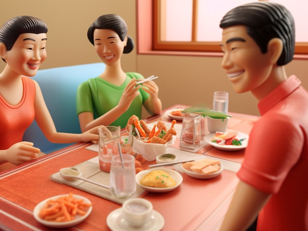 3d people enjoying reunion dinner during chinese new year celebration