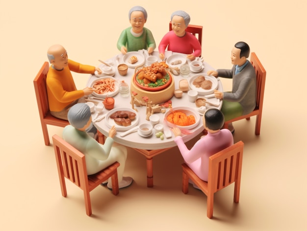 3d people enjoying reunion dinner during chinese new year celebration