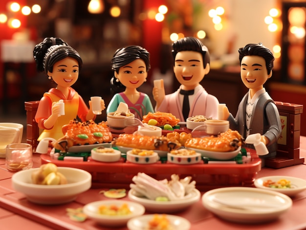 3d people enjoying reunion dinner during chinese new year celebration