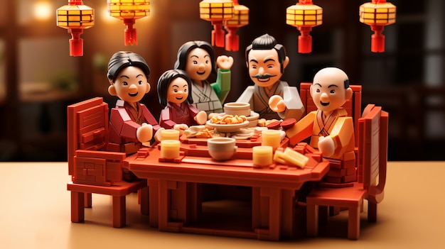 3d people enjoying reunion dinner during chinese new year celebration