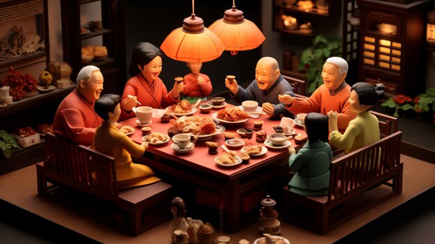 3d people enjoying reunion dinner during chinese new year celebration