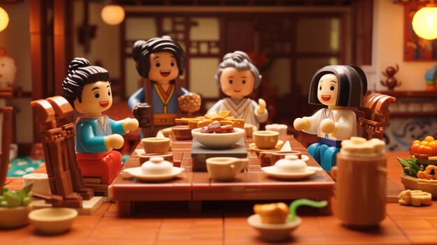 3d people enjoying reunion dinner during chinese new year celebration