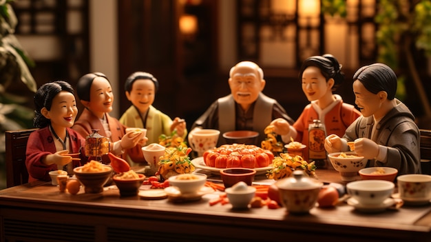 3d people enjoying reunion dinner during chinese new year celebration