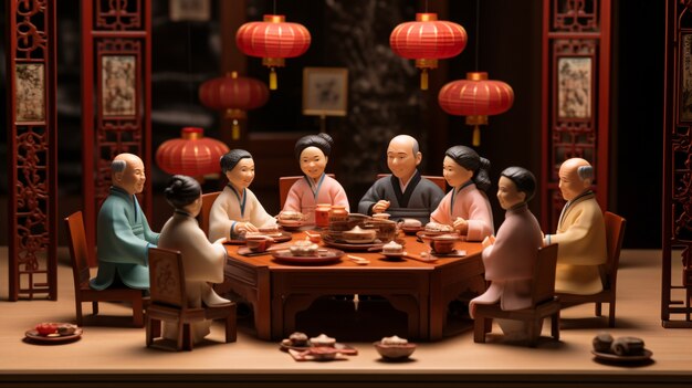 3d people enjoying reunion dinner during chinese new year celebration