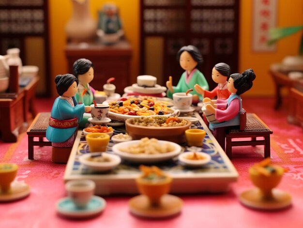 3d people enjoying reunion dinner during chinese new year celebration