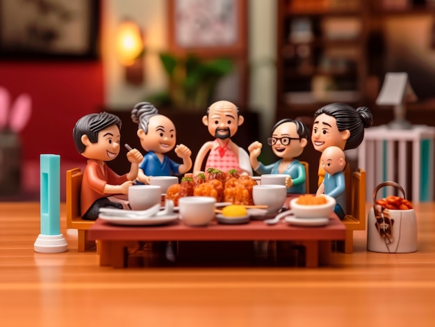 3d people enjoying reunion dinner during chinese new year celebration