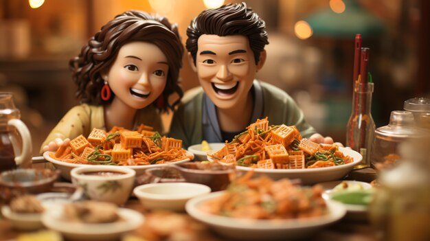 3d people enjoying reunion dinner during chinese new year celebration