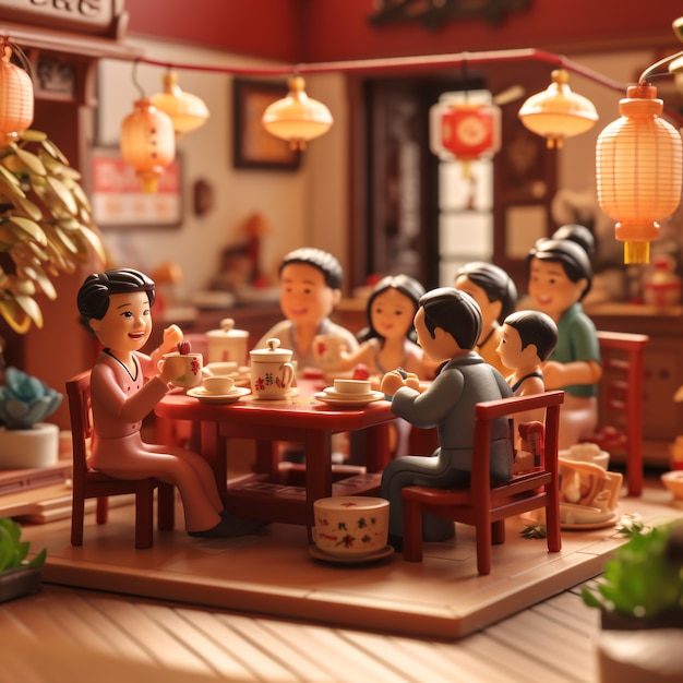 Free photo 3d of people enjoying reunion dinner during chinese new year celebration