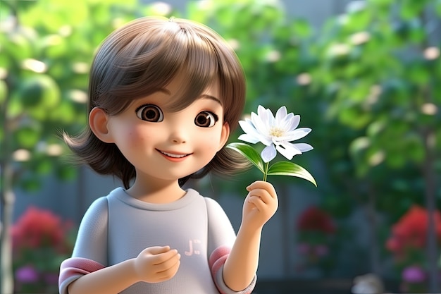 3d portrait of little girl holding flower with copy space