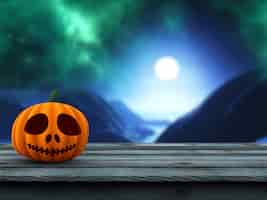 Free photo 3d pumpkin on a wooden table against a defocussed spooky landscape