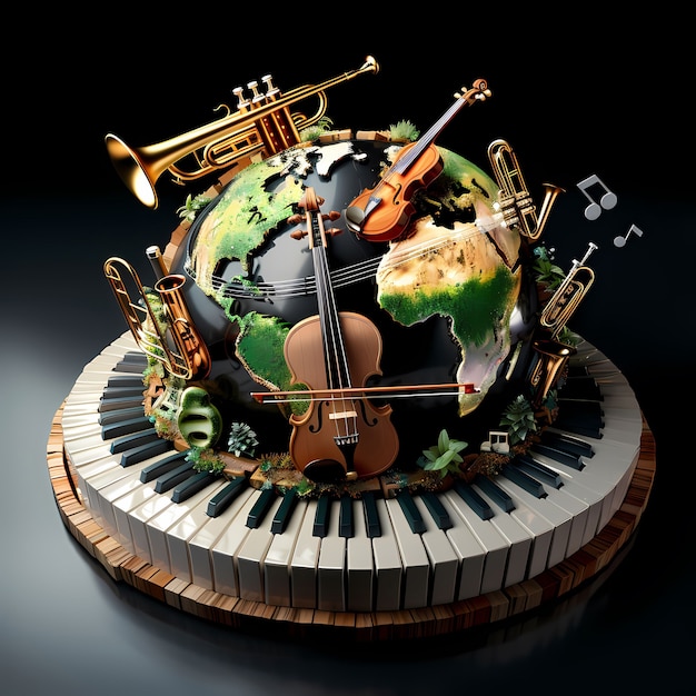 3d realistic globe with musical elements