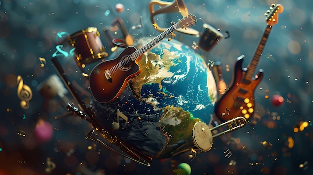 Free photo 3d realistic globe with musical elements