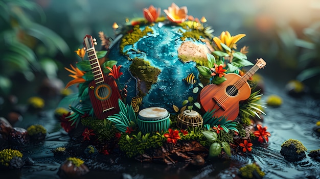 Free Photo 3d realistic globe with musical elements