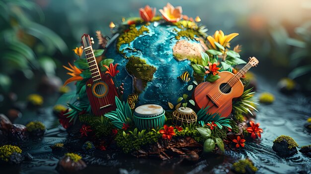 3d realistic globe with musical elements