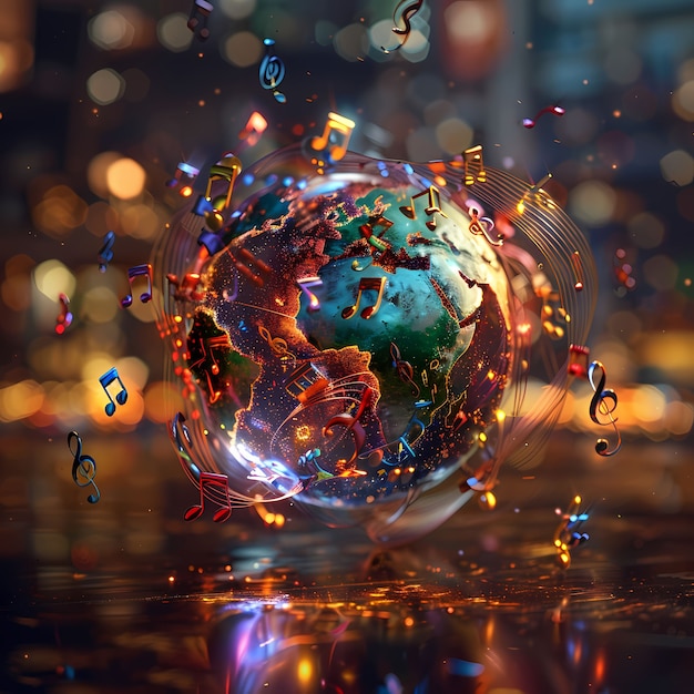 3d realistic globe with musical elements