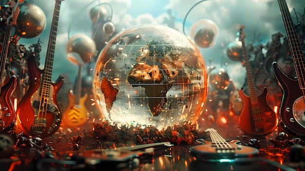 Free photo 3d realistic globe with musical elements