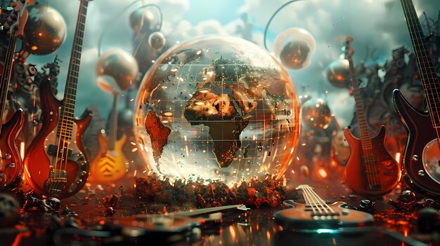 3d realistic globe with musical elements