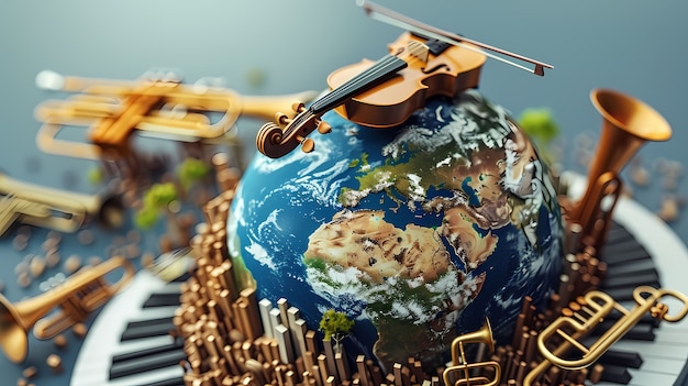 Free photo 3d realistic globe with musical elements