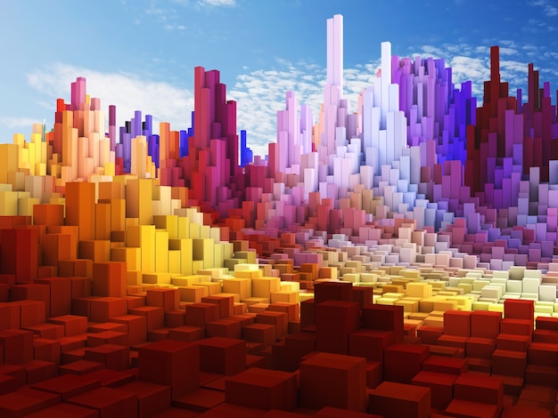 3D render of an abstract cube landscape against blue sky background