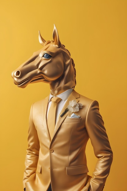 Free photo 3d render anthropomorphic horse wearing elegant golden shinymider outfit