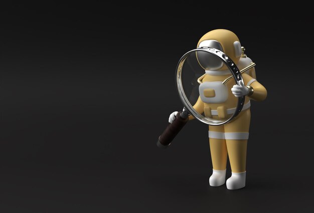 3D Render Astronaut Holding Magnify Glass on a Black Background