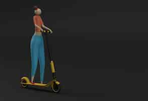 Free photo 3d render cartoon woman riding a push scooter 3d art design illustration.