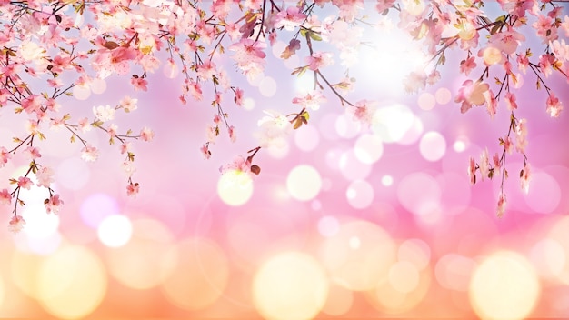 Free Photo 3d render of cherry blossom on bokeh lights background